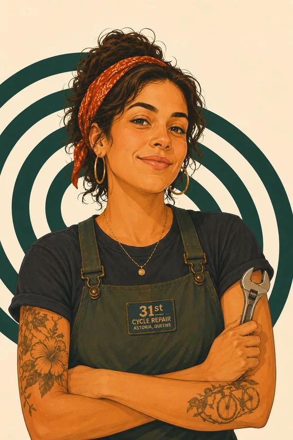 Dana, mécanicienne vélo à Astoria, bras croisés, une clé à la main