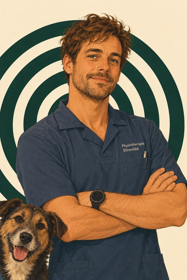 Jonas, kiné à Ehrenfeld, bras croisés, avec Rudi, son chien