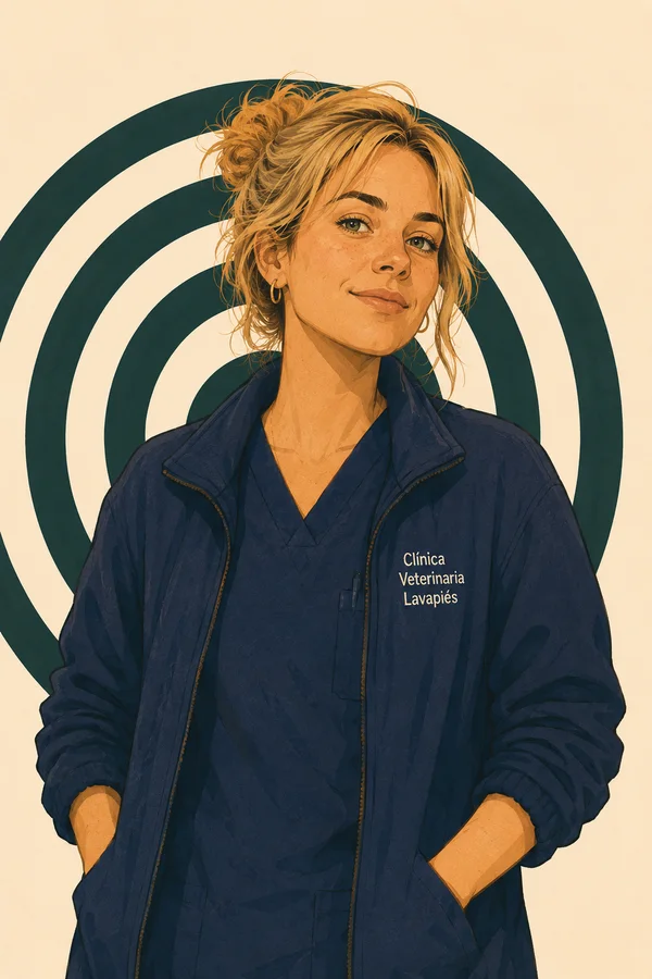 Paula, vétérinaire à Lavapiés, en veste de clinique, les mains dans les poches